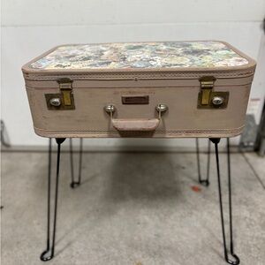 OOAK Vintage Suitcase Side Table Decoupaged Floral Top Foldable Hairpin Legs